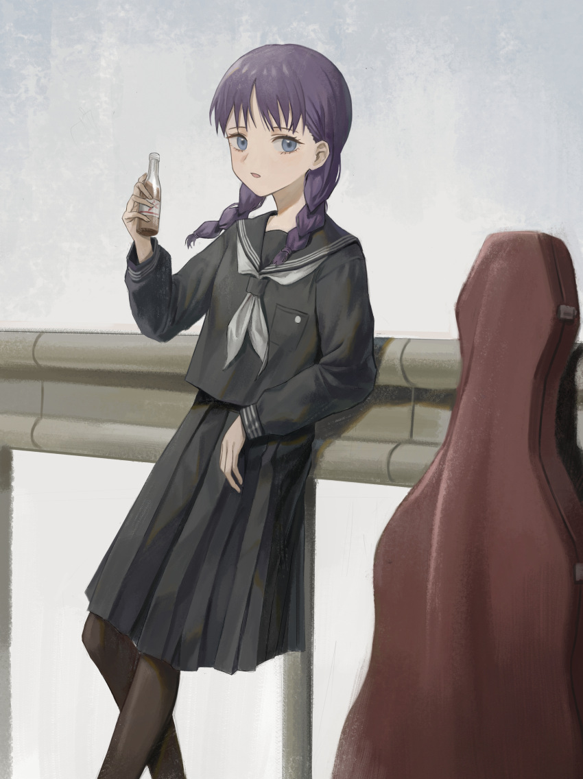 1girl absurdres bangs black_legwear black_sailor_collar black_serafuku black_shirt black_skirt blue_eyes braid cello_case commentary drink feet_out_of_frame flcl grey_background hand_up highres holding holding_drink leaning_on_rail long_hair long_sleeves looking_at_viewer ninamori_eri pantyhose parted_lips pleated_skirt purple_hair sailor_collar school_uniform serafuku shirt skirt solo subfiction twin_braids