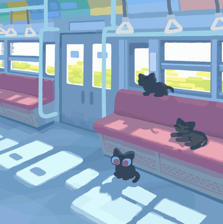 ^_^ animal animal_focus animated animated_gif backlighting black_cat cat closed_eyes commentary_request day door facing_away facing_viewer from_behind ground_vehicle hand_grip highres indoors looping_animation lying no_humans no_lineart on_side original pink_eyes scenery seat shade shadow sitting subway toyoi_yuuta train train_interior vehicle_interior wide_shot window