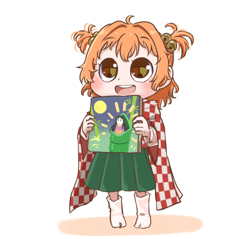 1girl bell book chamaji checkered checkered_kimono commentary eyebrows_visible_through_hair hair_bell hair_ornament holding holding_book japanese_clothes jingle_bell kimono motoori_kosuzu open_mouth red_eyes red_hair short_hair short_kimono skirt smile socks solo tabi taketori_monogatari touhou twintails two_side_up white_background wide_sleeves younger