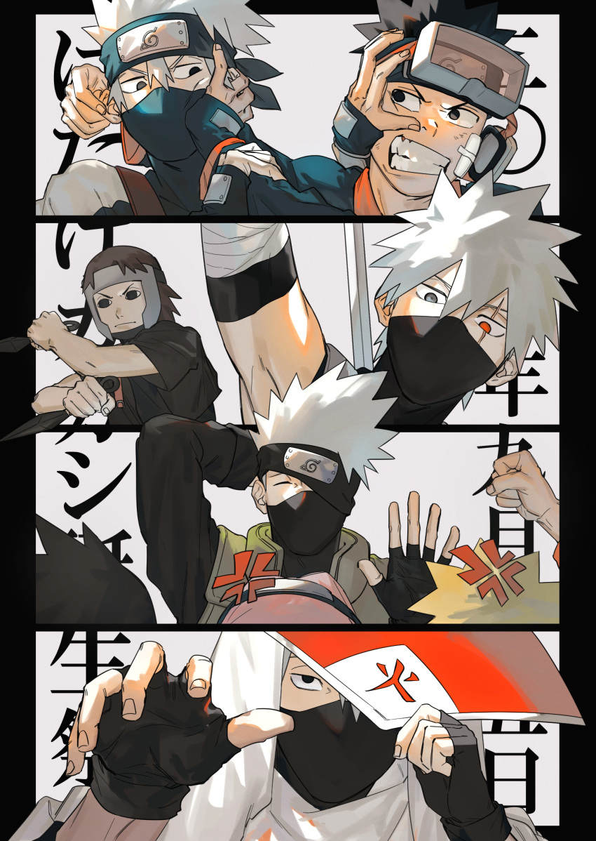 1girl 5boys anger_vein back bangs black_eyes black_gloves black_hair black_shirt blonde_hair brown_hair fingerless_gloves forehead_protector gloves goggles goggles_on_head green_vest grey_hair hair_between_eyes hand_on_another's_face hatake_kakashi heterochromia highres holding holding_headpiece holding_sword holding_weapon katana kunai mask mirin_(coene65) mouth_mask multiple_boys naruto naruto:_the_last naruto_(series) naruto_shippuuden ninja ninja_mask pink_hair red_eyes scar scar_across_eye sharingan shirt short_hair sword team7 uchiha_obito uchiha_sasuke v-shaped_eyebrows vest weapon white_background yamato_(naruto)