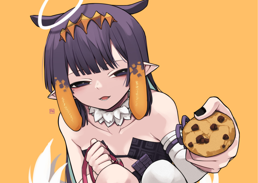 1girl angry_num bangs black_dress black_nails blush chocolate_chip_cookie collarbone cookie detached_sleeves dress flat_chest food foreshortening half-closed_eyes halo highres holding holding_cookie holding_food holding_leash hololive hololive_english leash looking_at_viewer mole ninomae_ina'nis open_mouth pointy_ears purple_eyes purple_hair sharing_food simple_background single_detached_sleeve smile solo strapless strapless_dress tentacle_hair tube_dress virtual_youtuber yellow_background