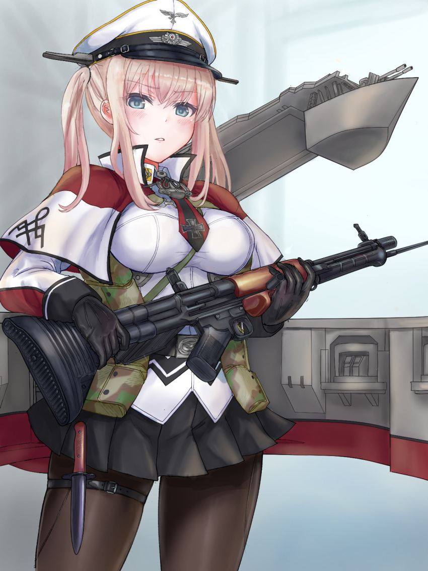 1girl battle_rifle black_gloves black_legwear black_skirt blonde_hair blue_eyes blush breasts capelet cowboy_shot dagger em_s eyebrows_visible_through_hair fg42 gloves graf_zeppelin_(kancolle) gun hair_between_eyes hat highres holding holding_gun holding_weapon kantai_collection knife large_breasts long_hair long_sleeves machinery military military_uniform open_mouth pantyhose peaked_cap pleated_skirt rifle rigging sidelocks skirt solo turret twintails uniform weapon white_headwear