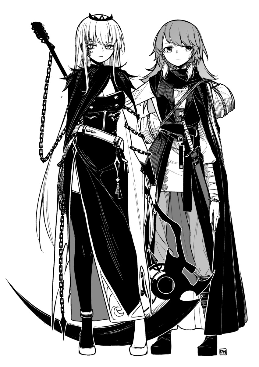 2girls alternate_costume angry_num bandaged_arm bandages bangs belt blunt_bangs boots breasts buttons chain double-breasted dress earrings feather_earrings feathers full_body greyscale hand_on_hip high_heels highres holding holding_scythe hololive hololive_english jacket jewelry jitome large_breasts long_hair looking_at_viewer monochrome mori_calliope multiple_girls nail_polish scarf scythe sheath sheathed shoes side_slit simple_background single_thighhigh sleeveless sleeveless_dress slit_pupils standing sword takanashi_kiara thighhighs tiara upper_body veil very_long_hair virtual_youtuber weapon white_background