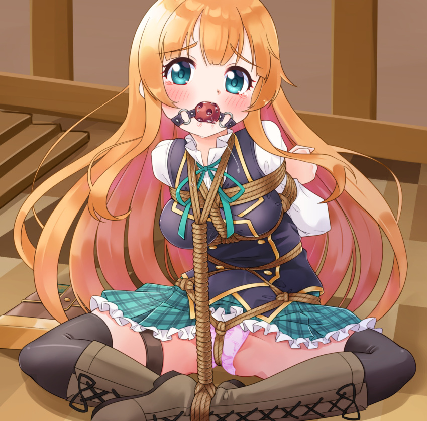 1girl anne_(shingeki_no_bahamut) arms_behind_back ball_gag bangs bdsm black_legwear black_vest blonde_hair blunt_bangs blush bondage boots bound breast_bondage breasts brown_footwear cross-laced_footwear crotch_rope eyebrows_visible_through_hair gag green_eyes green_skirt highres long_hair long_sleeves looking_at_viewer manaria_friends medium_breasts mukanata on_floor panties pink_panties plaid plaid_skirt princess_connect! restrained saliva shibari shingeki_no_bahamut shirt shrimp_tie sitting skirt solo thigh_strap underwear vest white_shirt