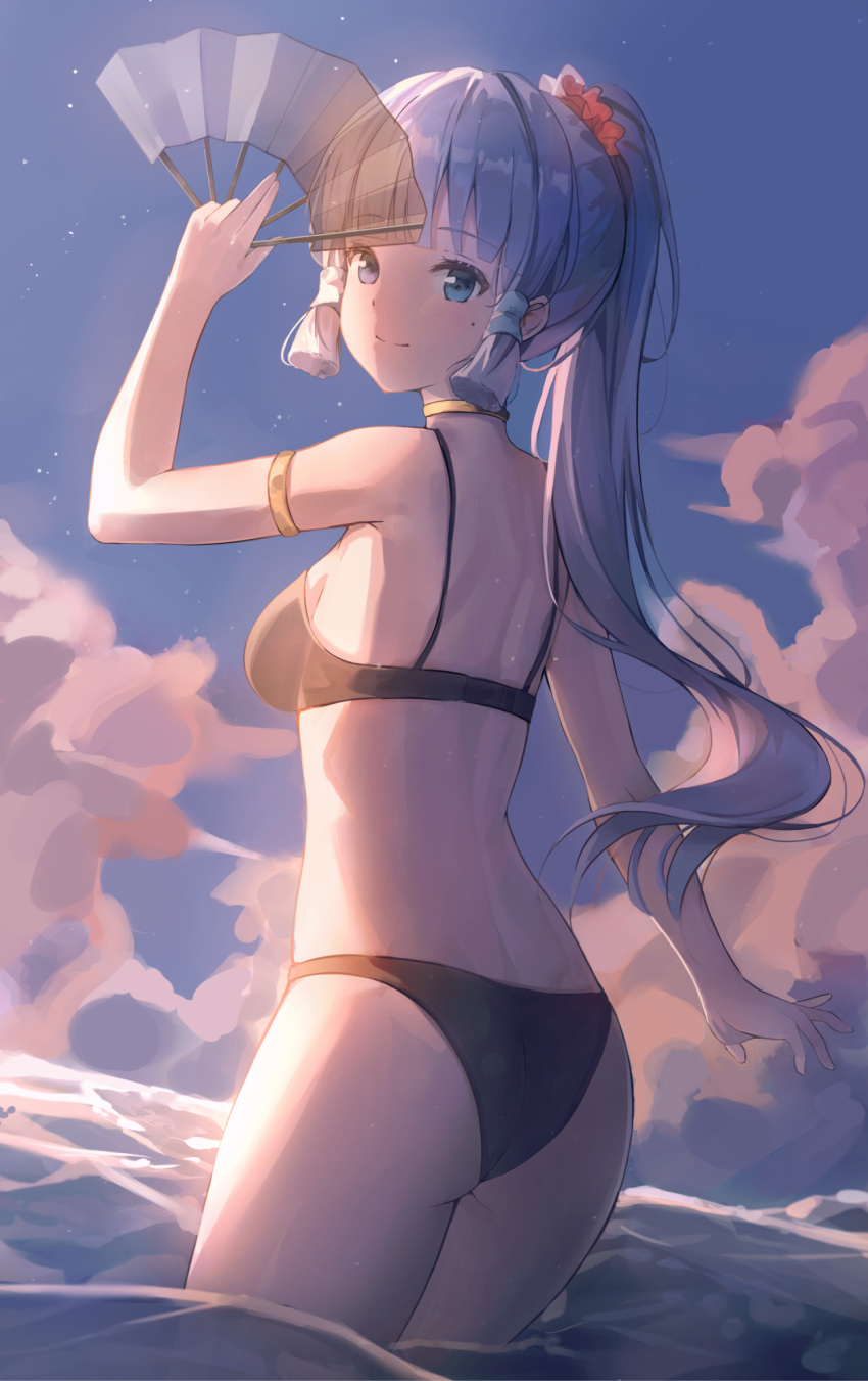 1girl armlet ass bikini black_bikini breasts closed_mouth cloud floating_hair folding_fan genshin_impact hair_ornament hair_ribbon hair_scrunchie hand_fan highres holding holding_fan jewelry kamisato_ayaka light_blue_hair long_hair looking_at_viewer looking_back mole mole_under_eye ms_childofart neck_ring ponytail ribbon scrunchie sidelocks sky smile solo swimsuit thighs tress_ribbon very_long_hair wading water