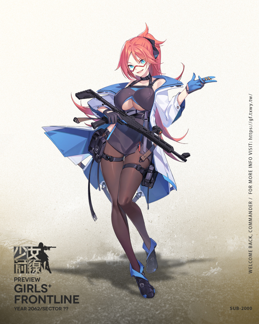 1girl black_dress black_footwear black_gloves black_legwear blue_eyes blue_gloves breasts bullet character_name copyright_name dress eyebrows_visible_through_hair girls'_frontline glasses gloves gun hair_ribbon highres holding holding_bullet holding_gun holding_weapon jacket kel-tec kel-tec_sub-2000 large_breasts long_hair looking_at_viewer multicolored_clothes multicolored_gloves nian official_art open_clothes open_jacket open_mouth pantyhose ponytail red_hair ribbon shoes simple_background smile solo standing sub-2000 sub-2000_(girls'_frontline) submachine_gun underboob weapon white_jacket