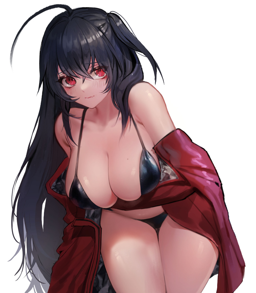 1girl absurdres ahoge arm_under_breasts azur_lane bangs bare_shoulders bikini black_bikini black_hair blush breasts cleavage closed_mouth commentary_request cowboy_shot crossed_bangs eyebrows_visible_through_hair gg_amang hair_between_eyes highres jacket large_breasts leaning_forward long_hair long_sleeves looking_at_viewer off_shoulder official_alternate_costume one_side_up open_clothes open_jacket red_eyes red_jacket simple_background solo standing string_bikini swimsuit taihou_(azur_lane) taihou_(enraptured_companion)_(azur_lane) very_long_hair white_background