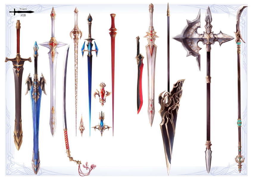 absurdres axe battle_axe border commentary_request english_text fantasy glaive highres katana knife long_sword no_humans original polearm simple_background spear still_life sword translation_request weapon weapon_focus weapon_request white_background yashiron2011