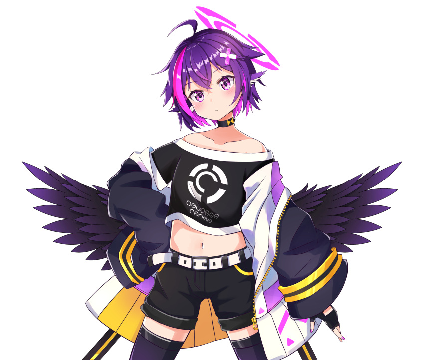 1girl absurdres ahoge animal_ear_fluff animal_ears bangs bare_shoulders belt belt_buckle black_choker black_jacket black_shirt black_shorts buckle choker closed_mouth collarbone commentary_request crop_top eyebrows_visible_through_hair feathered_wings hair_between_eyes hair_ornament halo head_tilt highres indie_virtual_youtuber jacket long_sleeves looking_at_viewer midriff multicolored_hair navel off-shoulder_shirt off_shoulder open_clothes open_jacket pink_hair purple_eyes purple_hair purple_legwear purple_wings shirt short_hair shorts simple_background sleeves_past_fingers sleeves_past_wrists solo streaked_hair sylphine thighhighs tsubasa_ranma virtual_youtuber white_background white_belt wings x_hair_ornament