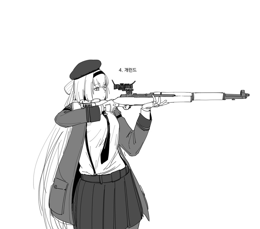 1girl aiming beret closed_mouth coat cowboy_shot girls'_frontline greyscale gun hairband hat holding holding_gun holding_weapon huqu korean_text long_hair long_sleeves m1_garand m1_garand_(girls'_frontline) miniskirt monochrome necktie one_eye_closed open_clothes open_coat pleated_skirt rifle scope shirt simple_background skirt sniper_rifle solo standing translation_request very_long_hair weapon white_background