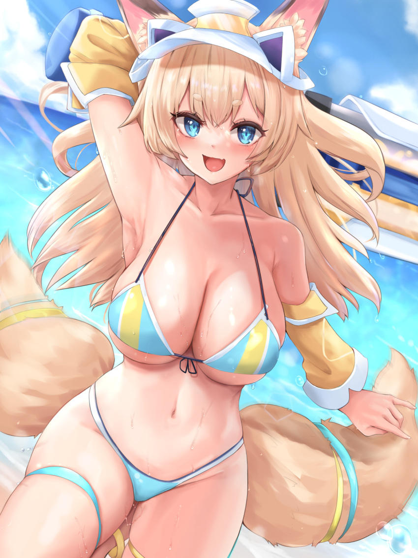 1girl :d animal_ears arm_up armpits bare_shoulders bikini blonde_hair blue_bikini blue_eyes breasts cleavage collarbone day detached_sleeves fake_animal_ears fox_ears fox_girl fox_tail front-tie_bikini front-tie_top halter_top halterneck highres holding huge_weapon inaho_(world_flipper) kitsune large_breasts long_hair looking_at_viewer multiple_tails navel neneru open_mouth outdoors skindentation smile solo stomach string_bikini swimsuit tail thick_eyebrows thigh_strap thighs two_tails visor_cap weapon wet world_flipper