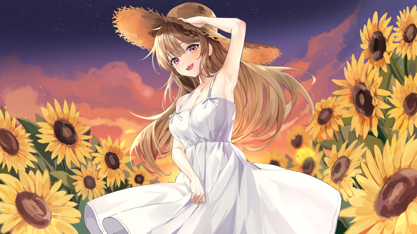 1girl :d absurdres arm_up armpits bangs blush breasts brown_hair brown_headwear commentary cowboy_shot dress english_commentary eyebrows_visible_through_hair field floating_hair flower flower_field hair_between_eyes hat highres large_breasts lillly long_hair looking_at_viewer open_mouth original outdoors red_eyes sky sleeveless sleeveless_dress smile solo standing straw_hat sun_hat sundress sunflower teeth upper_teeth very_long_hair white_dress yellow_flower
