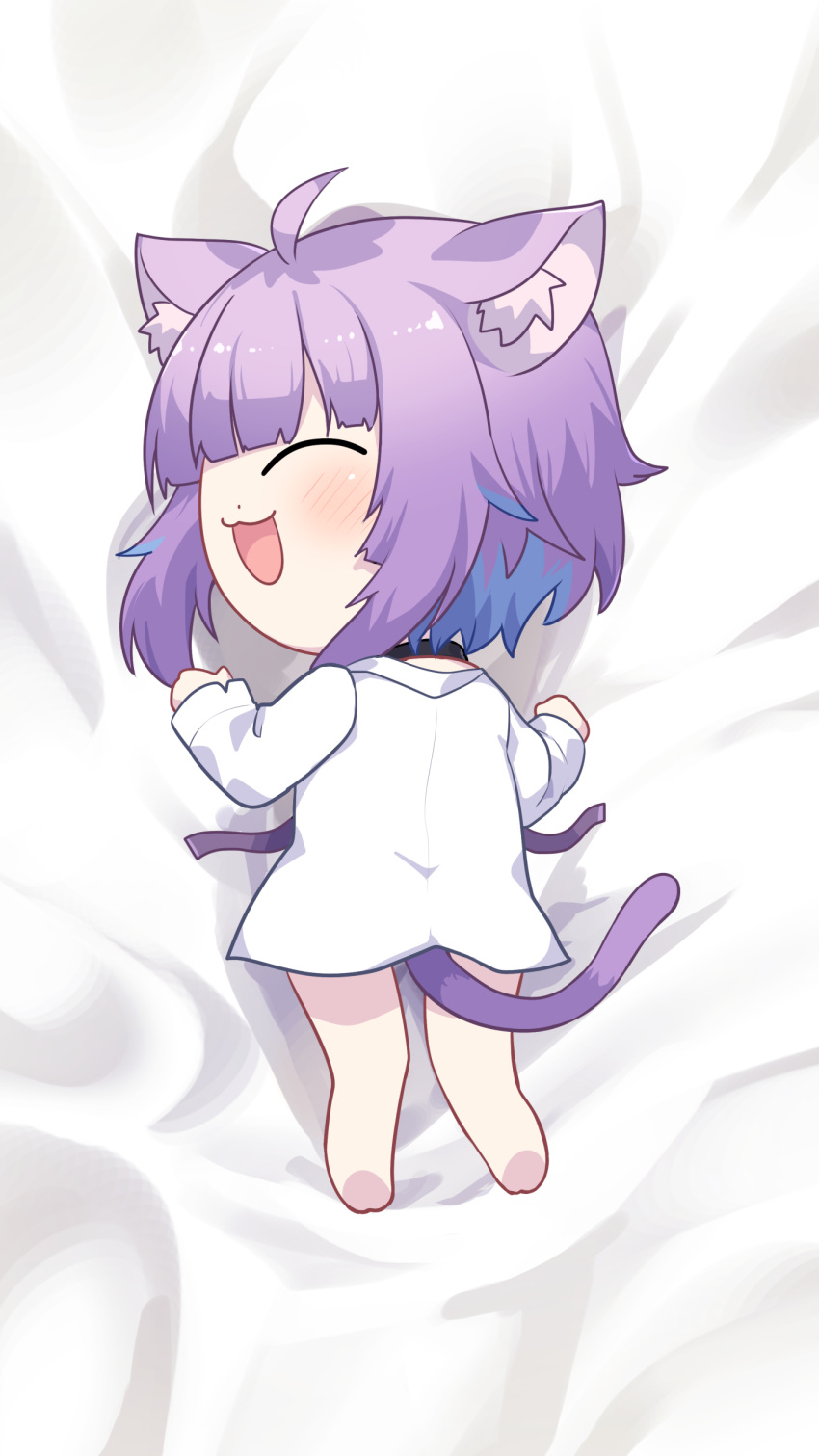 1girl :3 absurdres ahoge animal_ears cat_ears cat_girl cat_tail chibi closed_eyes collar collared_shirt commentary_request dakimakura_(medium) full_body highres hololive looking_back lying nekomata_okayu on_stomach open_mouth purple_hair shirt smile solo tail tomoyohi virtual_youtuber