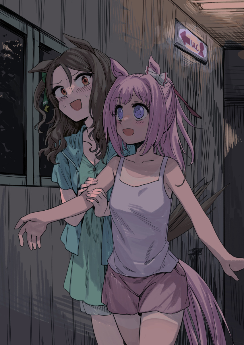 2girls :d animal_ears arm_hug bangs blush brown_hair ceiling_light commentary_request cowboy_shot ear_bow ears_down flower_in_eye furrowed_brow geppewi green_shirt haru_urara_(umamusume) highres holding_another's_arm hood hood_down horse_ears horse_girl horse_tail king_halo_(umamusume) medium_hair multiple_girls nervous open_mouth pink_hair ponytail scared shirt short_shorts short_sleeves shorts sign sleepwear smile sweatdrop symbol_in_eye tail tan tank_top tanlines tied_hair umamusume walking white_tank_top window wooden_wall