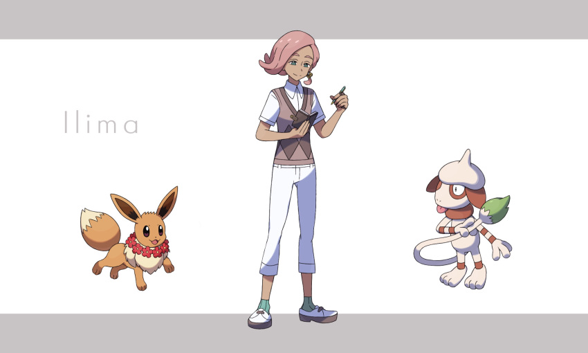 1boy bad_id bad_pixiv_id banned_artist brown_vest character_name closed_mouth collared_shirt commentary_request eevee full_body green_eyes green_legwear highres holding ilima_(pokemon) looking_down male_focus nin_(female) notebook pants pink_hair pokemon pokemon_(creature) pokemon_(game) pokemon_sm ribbed_legwear shirt shoes short_hair short_sleeves smeargle smile socks split_mouth standing vest white_footwear white_pants white_shirt