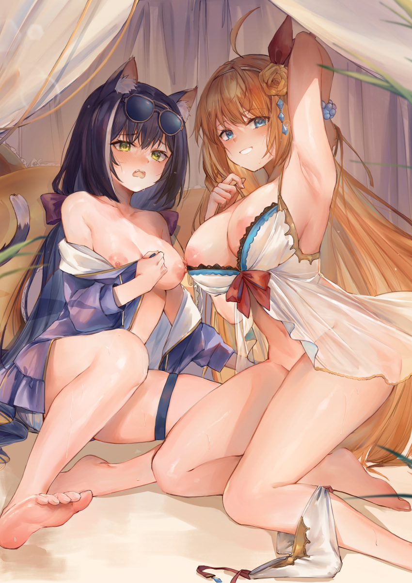 2girls absurdres ahoge animal_ear_fluff animal_ears armpits babydoll bangs barefoot black_hair blue_eyes blush breasts cat_ears cat_tail commentary_request eyebrows_visible_through_hair eyewear_on_head fang flower green_eyes hair_flower hair_ornament hair_ribbon has_bad_revision has_downscaled_revision highres indoors jacket karyl_(princess_connect!) large_breasts long_hair long_sleeves looking_at_viewer low_twintails md5_mismatch medium_breasts multicolored_hair multiple_girls naked_jacket navel nipple_slip nipples off_shoulder on_bed open_clothes open_jacket open_mouth orange_hair panties panties_around_one_leg pecorine_(princess_connect!) princess_connect! purple_jacket purple_ribbon resolution_mismatch ribbon ryuuji_teitoku sitting smile soles source_smaller streaked_hair sunglasses tail thigh_strap twintails underwear very_long_hair white_hair white_panties
