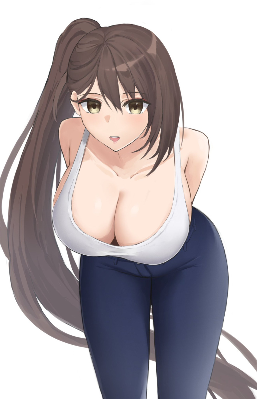 1girl :d alternate_costume arms_behind_back azur_lane bent_over blue_pants breasts brown_hair casual cc_(c~fua) cleavage collarbone commentary denim downblouse highres jeans large_breasts long_hair looking_at_viewer open_mouth pants shirt side_ponytail simple_background sleeveless smile solo tank_top very_long_hair white_background white_shirt yellow_eyes zuikaku_(azur_lane)