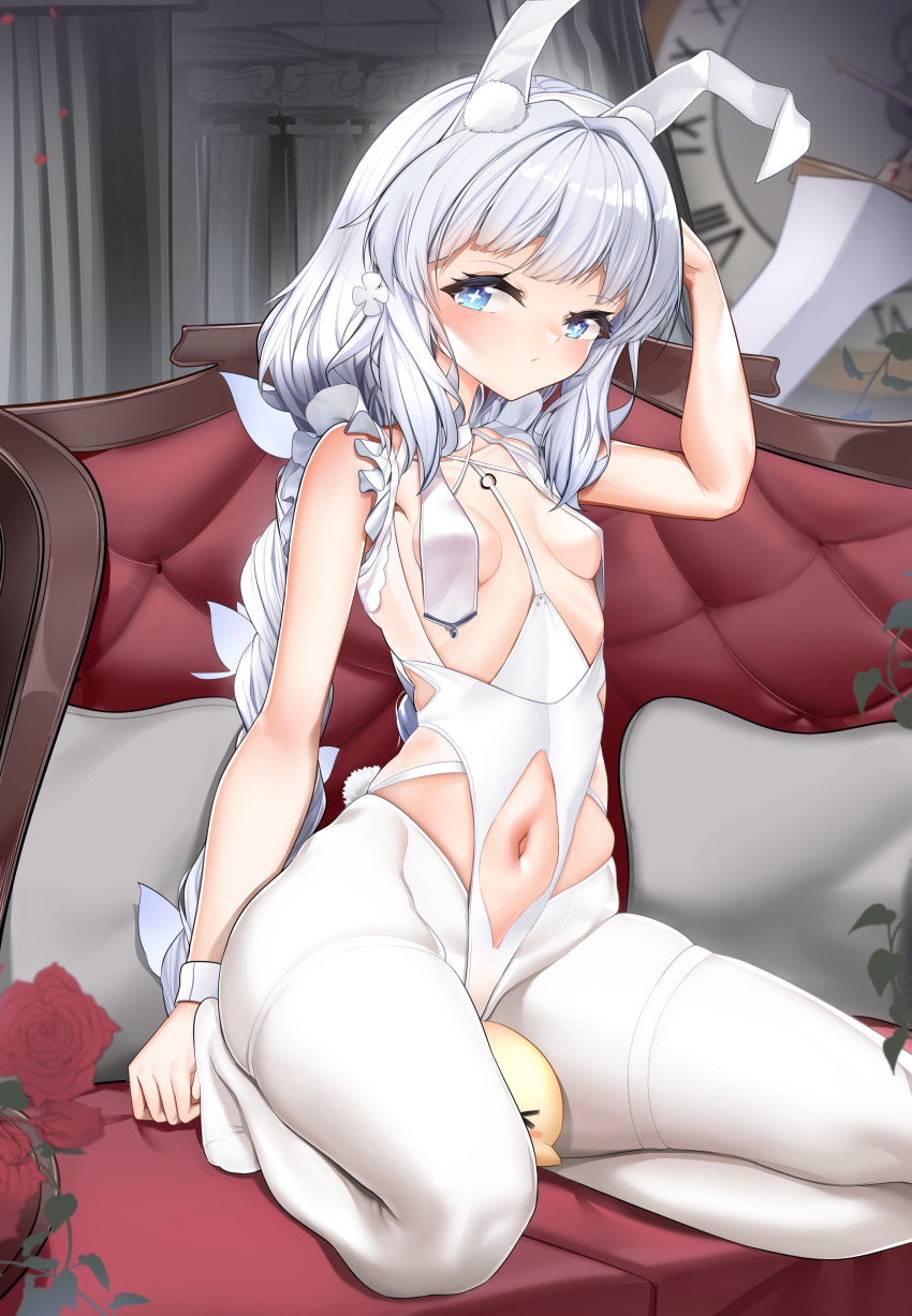 +_+ absurdres animal_ears azur_lane bangs blue_eyes blush braid breast_curtains breasts breasts_apart clock closed_mouth commentary_request couch fake_animal_ears flower hairband head_tilt highres indoors kneeling le_malin_(azur_lane) le_malin_(listless_lapin)_(azur_lane) looking_at_viewer low_twin_braids manjuu_(azur_lane) narrowed_eyes navel official_alternate_costume on_couch pantyhose qertame rabbit_ears rose sidelocks silver_hair small_breasts stomach thighs twin_braids white_legwear wrist_cuffs