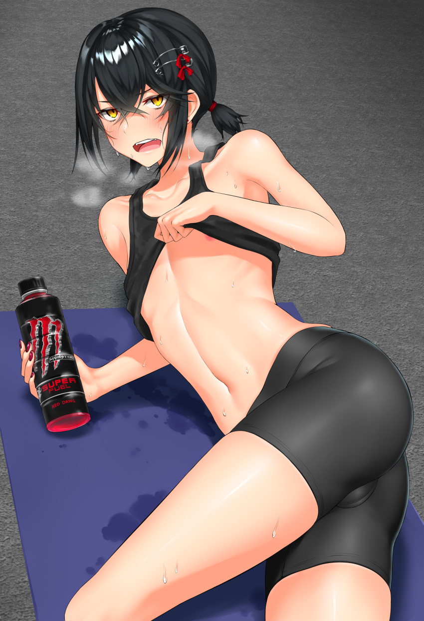 1boy absurdres ass bangs bike_shorts black_hair black_shorts black_tank_top blush bottle breath bulge clothes_lift collarbone crotch_seam dripping earrings energy_drink exercise fangs fingernails hair_between_eyes hair_ornament hairclip hand_up highres holding holding_bottle indoors jewelry jitome karasu_(jjwh2832) lifted_by_self looking_at_viewer lying male_focus mashiro_(nijisanji) monster_energy navel nijisanji nipples on_floor on_side open_mouth otoko_no_ko red_nails safety_pin shiny shiny_clothes shirt_lift short_hair short_ponytail short_shorts shorts sidelocks solo stud_earrings sweat tank_top virtual_youtuber yellow_eyes