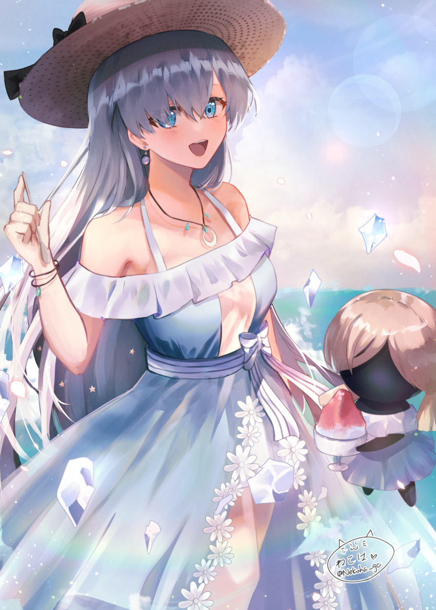 1girl anastasia_(fate) anastasia_(swimsuit_archer)_(fate) bangs bare_shoulders blue_dress blue_eyes blush bracelet breasts collarbone doll dress earrings fate/grand_order fate_(series) hair_over_one_eye hat highres jewelry long_hair looking_at_viewer medium_breasts necklace nekoha_gc pendant see-through_skirt silver_hair skirt straw_hat very_long_hair viy_(fate)