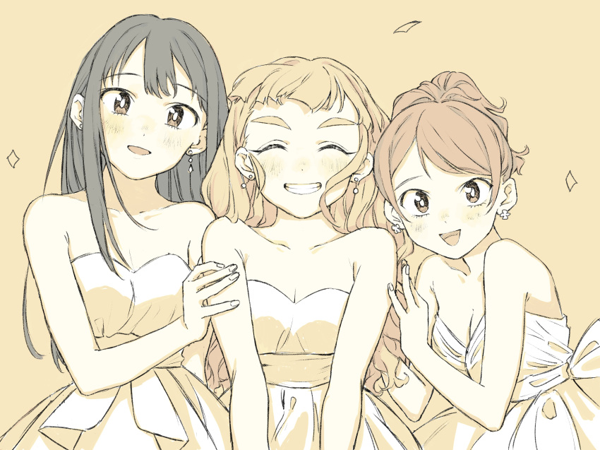3girls ^_^ absurdres alternate_hairstyle bangs blush breasts cleavage closed_eyes commentary_request dress earrings grin hand_on_another's_arm highres hojo_karen idolmaster idolmaster_cinderella_girls jewelry kamiya_nao looking_at_viewer monochrome multiple_girls partially_colored shibuya_rin shikariyo smile strapless strapless_dress thick_eyebrows triad_primus_(idolmaster) upper_body