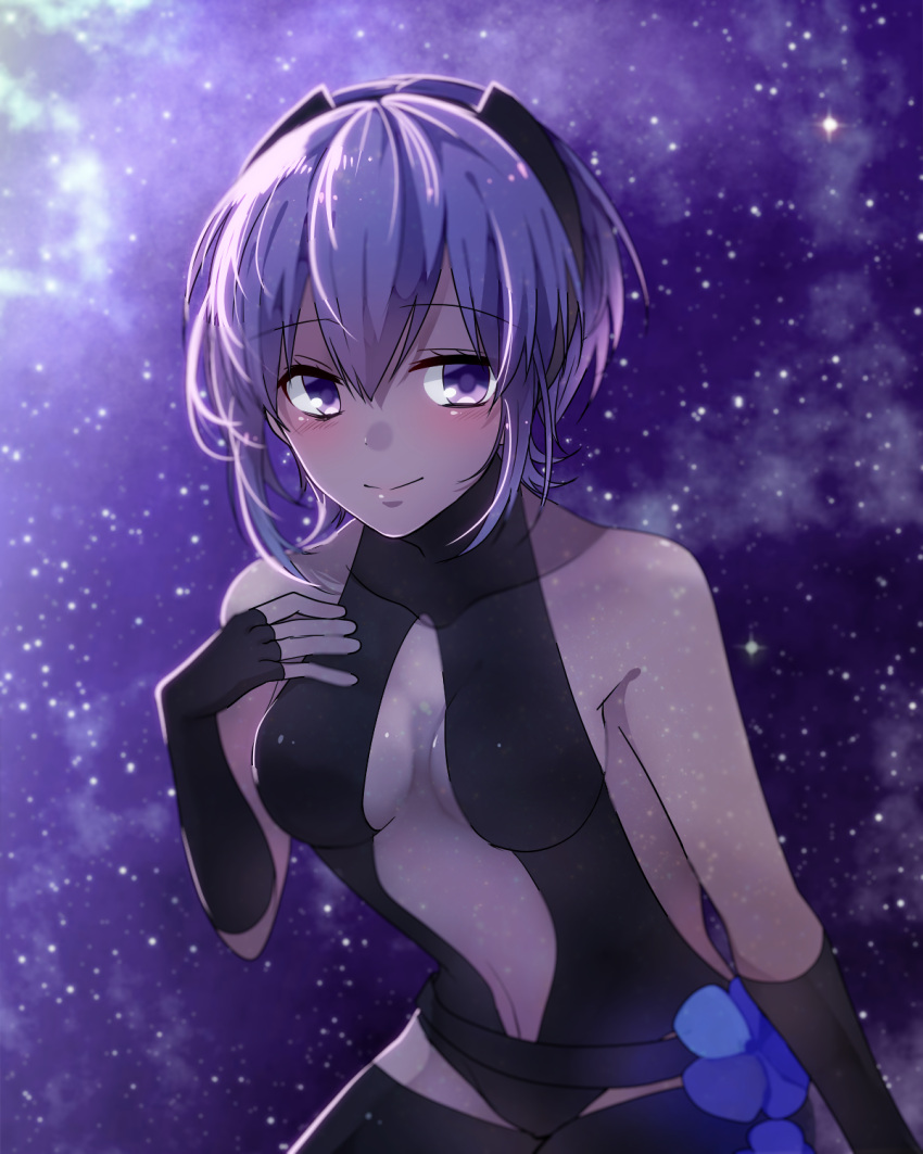 1girl 598teitoku bangs bare_shoulders blush breasts cleavage dark-skinned_female dark_skin eyebrows_behind_hair eyebrows_visible_through_hair fate/grand_order fate/prototype fate/prototype:_fragments_of_blue_and_silver fate_(series) hair_between_eyes hairband halterneck hassan_of_serenity_(fate) highres looking_at_viewer purple_eyes purple_hair short_hair smile solo