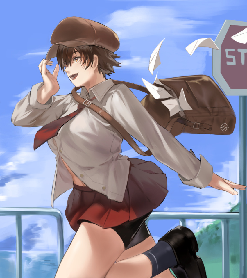 1girl artist_name bag bike_shorts black_footwear black_hair black_legwear black_shorts blue_sky brown_bag brown_headwear cloud cloudy_sky collared_shirt commentary dated_commentary hand_up hat highres hunyan leg_up letter long_sleeves navel necktie open_mouth original outdoors pleated_skirt red_necktie red_skirt road_sign shirt shoes short_hair shorts shoulder_bag sign skirt sky smile socks solo stop_sign white_shirt