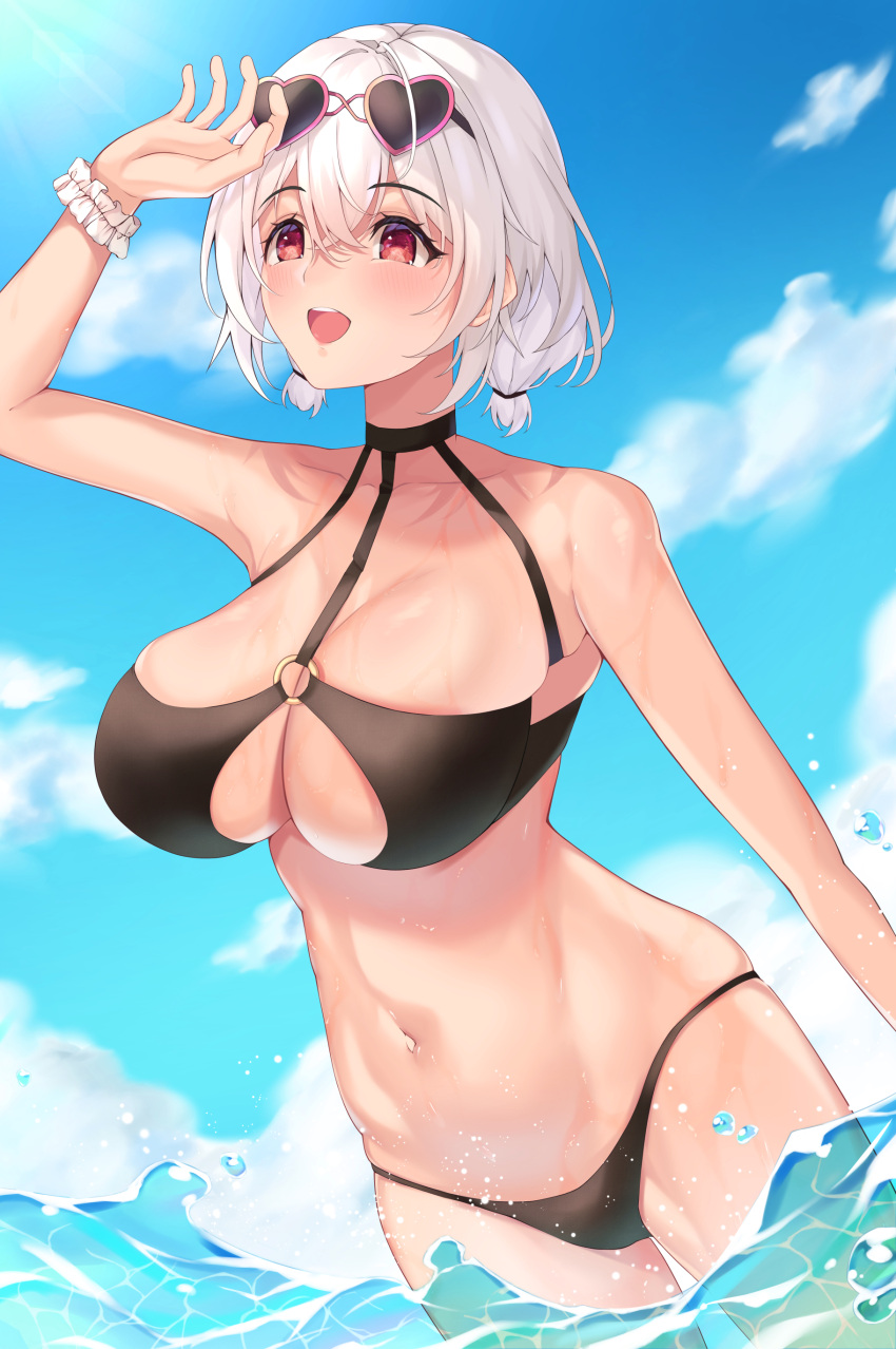 1girl :d absurdres aisumi_ran azur_lane bare_arms bare_shoulders bikini black_bikini blue_sky breasts cleavage collarbone eyebrows_visible_through_hair eyewear_on_head groin halter_top halterneck heart heart-shaped_eyewear highleg highleg_bikini highres huge_breasts low_twintails navel o-ring o-ring_top ocean open_mouth pink-framed_eyewear red_eyes scrunchie shading_eyes short_twintails silver_hair sirius_(azur_lane) sirius_(scorching-hot_seirios)_(azur_lane) skindentation sky smile solo stomach summer sunglasses swimsuit tan thigh_strap twintails wading white_scrunchie wrist_scrunchie