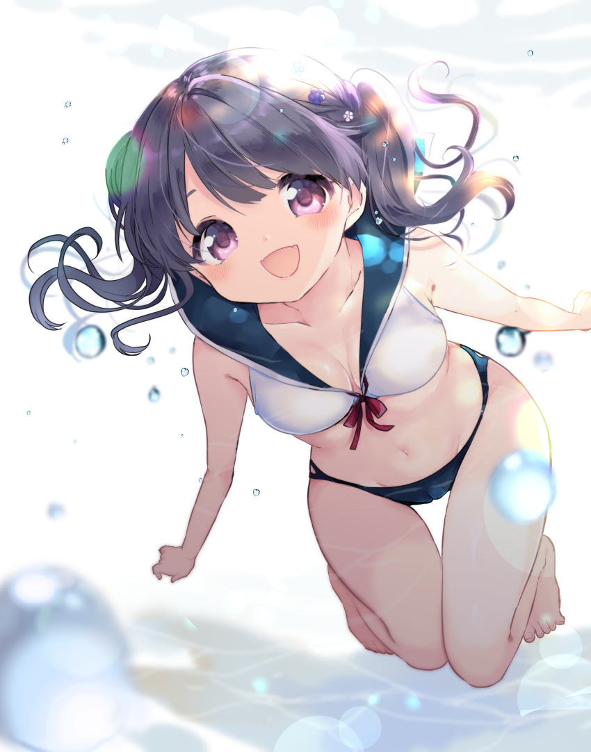 1girl absurdres air_bubble bare_arms bare_legs bare_shoulders barefoot black_hair blue_sailor_collar breasts bubble cameltoe commentary_request fangs flower freediving fukumaru_koito groin hair_flower hair_ornament highres idolmaster idolmaster_shiny_colors kosuzume long_hair looking_at_viewer medium_breasts navel open_mouth purple_eyes sailor_bikini sailor_collar skin_fangs solo swimming twintails underwear