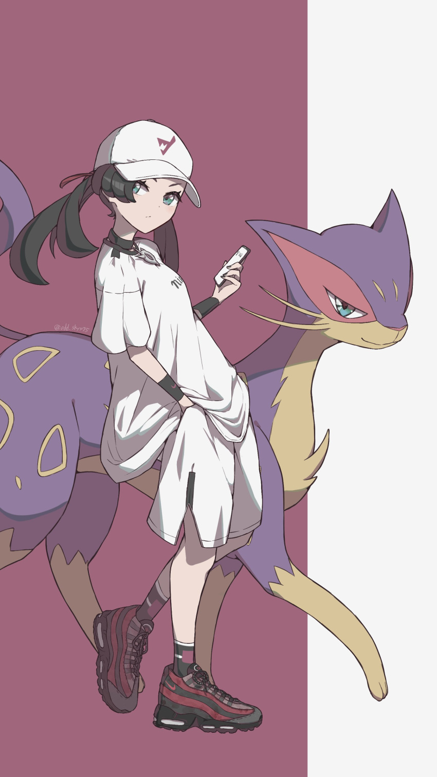 1girl absurdres alternate_costume asymmetrical_bangs bangs baseball_cap black_hair cellphone closed_mouth commentary_request eyelashes green_eyes hair_ribbon hat highres holding holding_phone liepard long_hair looking_to_the_side marnie_(pokemon) odd_(hin_yari) oversized_clothes oversized_shirt phone pokemon pokemon_(creature) pokemon_(game) pokemon_swsh red_ribbon ribbon shirt shoes short_sleeves shorts side_slit side_slit_shorts sneakers socks standing white_headwear white_shirt white_shorts wristband