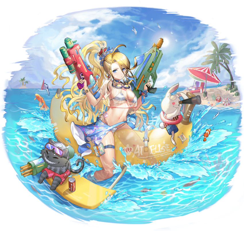 1girl ahoge alice_(alice_in_wonderland) alice_(ark_order) alice_in_wonderland ark_order bandaid bandaid_on_face beach beach_umbrella bikini bird blonde_hair blue_choker blue_eyes blue_scrunchie braid bunny can cat chair cheshire_cat_(alice_in_wonderland) choker cloud crown day earrings faux_figurine fish goggles goggles_around_neck goggles_on_head hair_ornament hair_scrunchie heart heart_eyes high_ponytail inflatable_toy innertube jewelry lounge_chair male_swimwear marlin_(fish) mini_crown ocean official_art outdoors partially_submerged pink_shorts pppppan sand_castle sand_sculpture sarong scrunchie seagull see-through_shirt shirt shorts sky solo summer sun swim_trunks swimsuit t-shirt tachi-e telescope thigh_strap transparent_background umbrella water water_gun white_bikini white_rabbit_(alice_in_wonderland) windsurfing