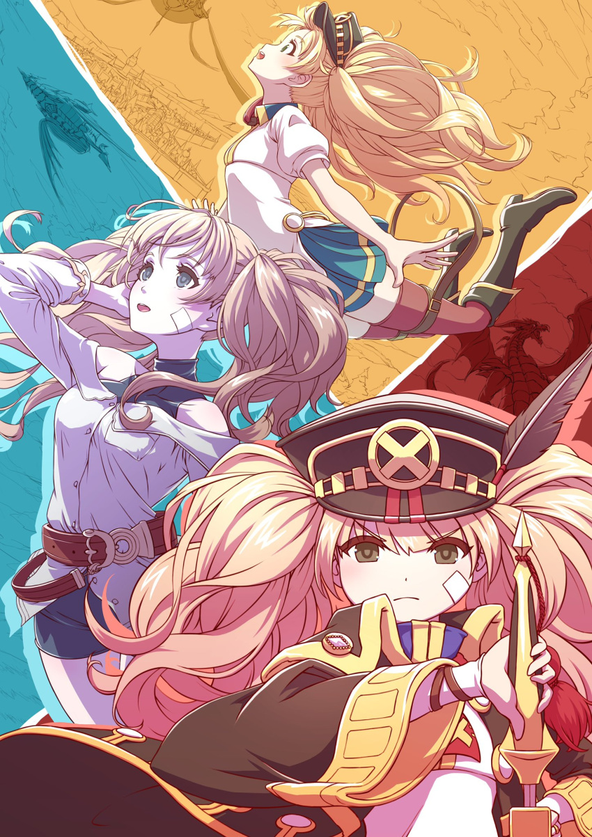 1girl aircraft airship bandaid bandaid_on_face bangs belt black_coat blonde_hair boots buttons closed_mouth coat collarbone collared_coat commentary_request dragon feathers floating full_body granblue_fantasy hand_in_hair hat highres long_hair looking_at_viewer looking_up monika_weisswind multiple_persona nakahima necktie open_mouth peaked_cap princess_connect! puffy_short_sleeves puffy_sleeves sheath shingeki_no_bahamut shirt short_sleeves shorts skirt sleeveless sleeveless_shirt sword thighhighs turtleneck twintails unsheathing upper_body v-shaped_eyebrows weapon white_shirt