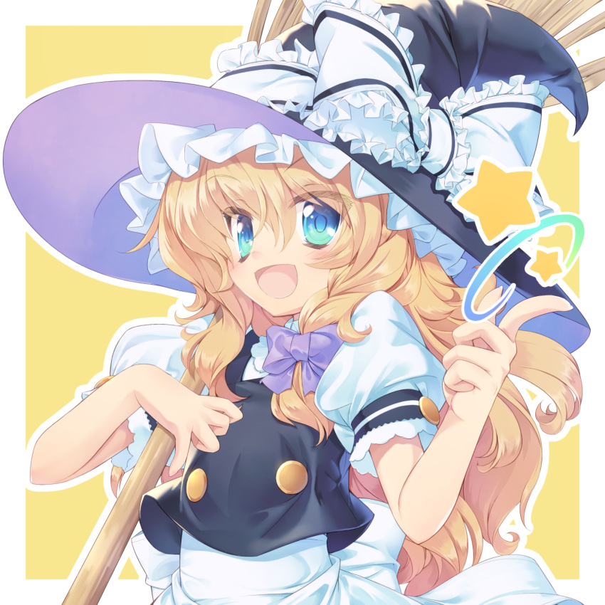 1girl alternate_eye_color apron aqua_eyes arm_strap bangs black_headwear black_vest blonde_hair blue_eyes blush colorized commentary_request eyebrows_visible_through_hair eyes_visible_through_hair flat_chest fluffy frilled_hat frilled_ribbon frills gradient_eyes green_eyes hair_between_eyes hair_ribbon hat hat_ribbon highres kirisame_marisa long_hair lucie multicolored_eyes open_mouth outline puffy_short_sleeves puffy_sleeves purple_ribbon ribbon shirt short_sleeves smile snapping_fingers solo star_(sky) suguni touhou tress_ribbon upper_body vest white_ribbon white_shirt witch_hat