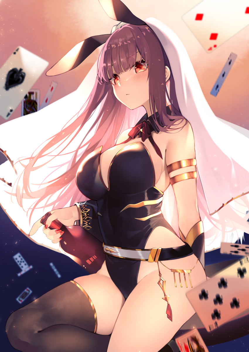 1girl animal_ears armlet bare_shoulders belt black_leotard blush bottle bracer breasts brown_legwear card cleavage closed_mouth detached_collar detached_sleeves fingernails gradient gradient_background hase_neet highres holding holding_bottle hololive hololive_english large_breasts leotard long_fingernails long_hair looking_at_viewer mori_calliope nail_polish neck_ribbon pink_background playing_card purple_background purple_hair rabbit_ears red_eyes red_nails red_neckwear red_ribbon ribbon single_detached_sleeve single_thighhigh skindentation solo strapless strapless_leotard thighhighs very_long_hair virtual_youtuber
