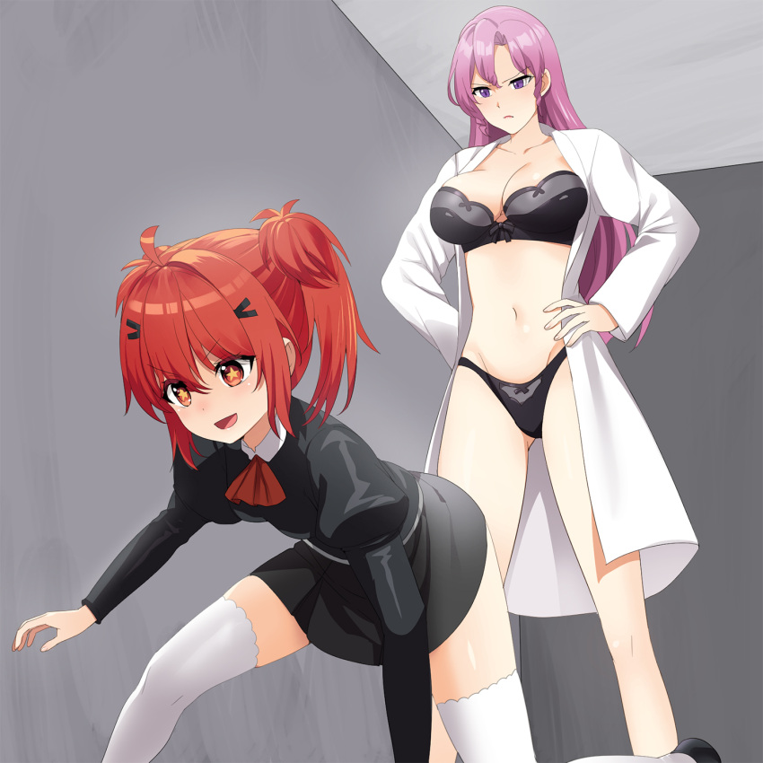 &gt;:( +_+ 2girls :d agent_aika aika_(series) ascot ass_visible_through_thighs bangs black_bra black_delmo black_panties black_skirt bra breasts cleavage coat collarbone delmogeny_uniform eyebrows_visible_through_hair feet_out_of_frame full_body hair_between_eyes hair_ornament hairclip hands_on_hips highres labcoat large_breasts midriff multiple_girls mvv navel neena_hagen open_mouth original panties parted_bangs pink_hair purple_eyes red_eyes red_hair room short_twintails skirt smile sneaking standing thighhighs twintails underwear v-shaped_eyebrows vivian_(mvv) white_coat white_legwear