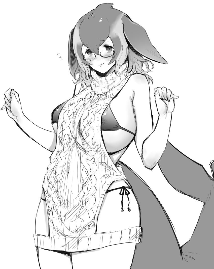 1girl absurdres alternate_breast_size alternate_costume backless_dress backless_outfit bangs bare_arms bare_shoulders bikini bikini_under_clothes blowhole blue_whale_(kemono_friends) blush breasts closed_mouth covered_nipples dress flustered flying_sweatdrops glasses greyscale hair_between_eyes halterneck hands_up head_fins highres hihiyama_yokikana kemono_friends large_breasts looking_at_viewer medium_hair meme_attire monochrome semi-rimless_eyewear side-tie_bikini sideboob simple_background sketch sleeveless sleeveless_turtleneck smile solo sweater sweater_dress swimsuit turtleneck turtleneck_sweater under-rim_eyewear virgin_killer_sweater whale_tail_(animal_tail) white_background