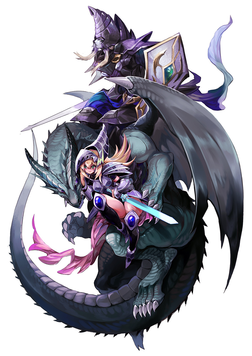 1boy 1girl absurdres armor armored_boots blonde_hair blush_stickers boots braces chinchira claws colored_skin dark_magician dark_magician_girl dark_magician_girl_the_dragon_knight dark_magician_the_dragon_knight dragon duel_monster greaves green_eyes grey_skin helmet highres holding holding_sword holding_weapon long_hair purple_eyes shield shoulder_armor simple_background smile sword the_eye_of_timaeus weapon white_background yu-gi-oh!