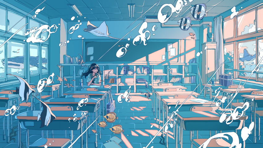 1girl bangs bottle bubble desk fish highres ichigoame indoors manta_ray moorish_idol original sailor_collar shadow shark shelf short_sleeves sitting solo surreal whale_shark