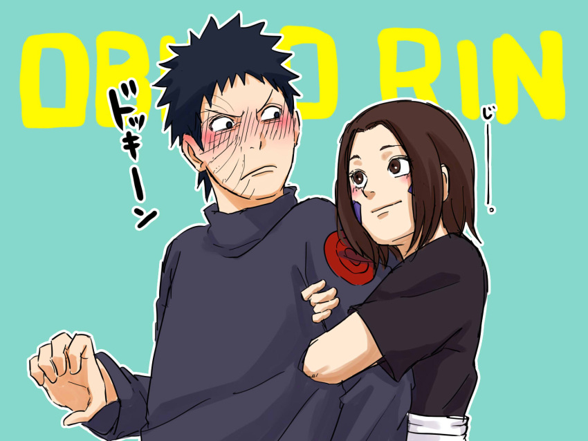 1boy 1girl black_eyes black_hair blush brown_hair character_name closed_mouth facepalm forehead green_background highres holding_another's_arm long_sleeves looking_at_another naruto_(series) naruto_shippuuden nohara_rin pinoko_(pnk623) short_hair short_sleeves simple_background smile uchiha_obito