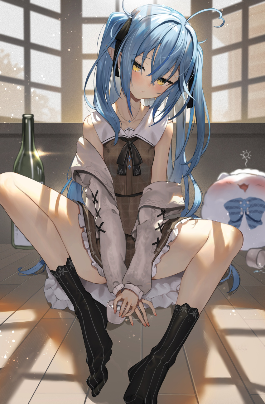 1girl absurdres ahoge alcohol alternate_breast_size bangs bare_shoulders between_legs black_legwear black_ribbon blue_hair blush bottle breasts brown_cardigan brown_dress cardigan closed_mouth cup dress drunk eyebrows_visible_through_hair hair_between_eyes hair_ribbon hand_between_legs head_tilt heart_ahoge highres holding holding_cup hololive jewelry legs_folded light_particles long_hair looking_at_viewer mug necklace no_shoes off_shoulder official_alternate_costume on_floor open_cardigan open_clothes pointy_ears ribbon sake sake_bottle scottie_(phantom2) sitting small_breasts socks spread_legs striped striped_legwear two_side_up v_arms vertical-striped_legwear vertical_stripes virtual_youtuber window_shade wooden_floor yellow_eyes yukihana_lamy yukimin_(yukihana_lamy)