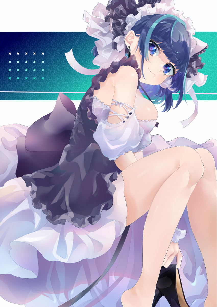 1girl absurdres azur_lane bangs black_legwear blue_eyes blunt_bangs bow breasts cheshire_(azur_lane) commentary_request detached_sleeves earrings eyebrows_visible_through_hair from_side hair_bow hair_ribbon head_tilt high_heels highres holding holding_shoes jewelry large_breasts looking_at_viewer looking_to_the_side maid maid_headdress multicolored_hair ribbon scrunchie shoes shoes_removed short_hair sidelocks sitting smile solo streaked_hair takumi_mizuki wrist_scrunchie