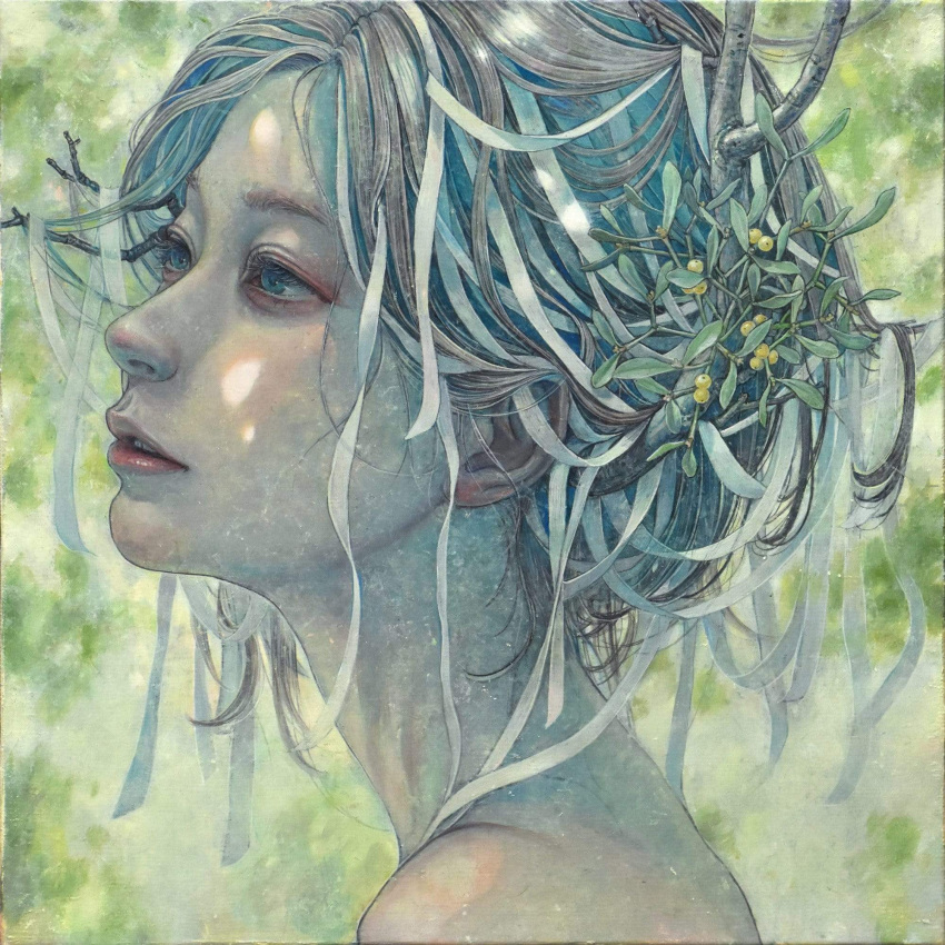 1girl berry commentary ears english_commentary eyelashes eyeshadow face from_side highres hirano_miho leaf lips looking_away looking_to_the_side makeup nose nostrils oil_painting_(medium) original painting_(medium) parted_lips profile solo traditional_media