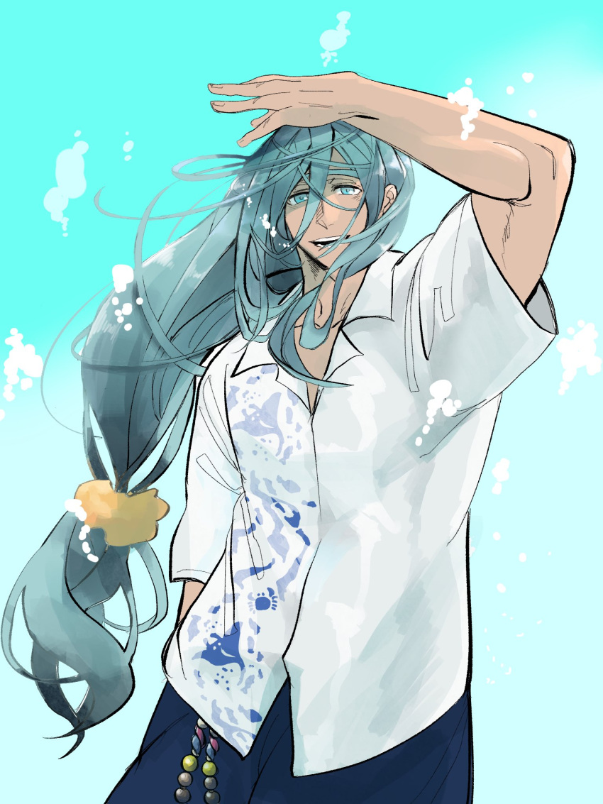 1boy aqua_eyes aqua_hair betweeneyeblow chiyoganemaru commentary_request highres japanese_clothes kariyushi_shirt long_hair looking_at_viewer low-tied_long_hair low_ponytail male_focus open_mouth shirt short_sleeves shorts simple_background smile solo touken_ranbu very_long_hair water white_shirt