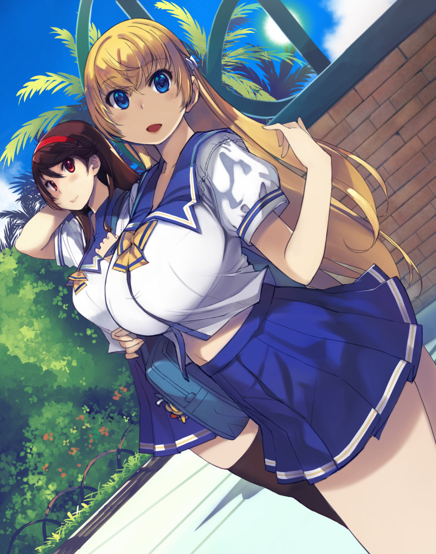 2girls :d bag black_legwear blonde_hair blue_eyes blue_sailor_collar blue_skirt blue_sky bow bowtie breasts brown_hair day dutch_angle hairband hand_up highres large_breasts long_hair looking_at_viewer mariana_princilla mil_(xration) miniskirt multiple_girls open_mouth outdoors pleated_skirt puffy_short_sleeves puffy_sleeves reco_love reco_love_gold_beach red_eyes red_hairband sailor_collar school_bag school_uniform serafuku shirt short_sleeves shoulder_bag skirt sky smile standing thighhighs white_shirt yellow_bow yellow_bowtie yuina_(reco_love) zettai_ryouiki