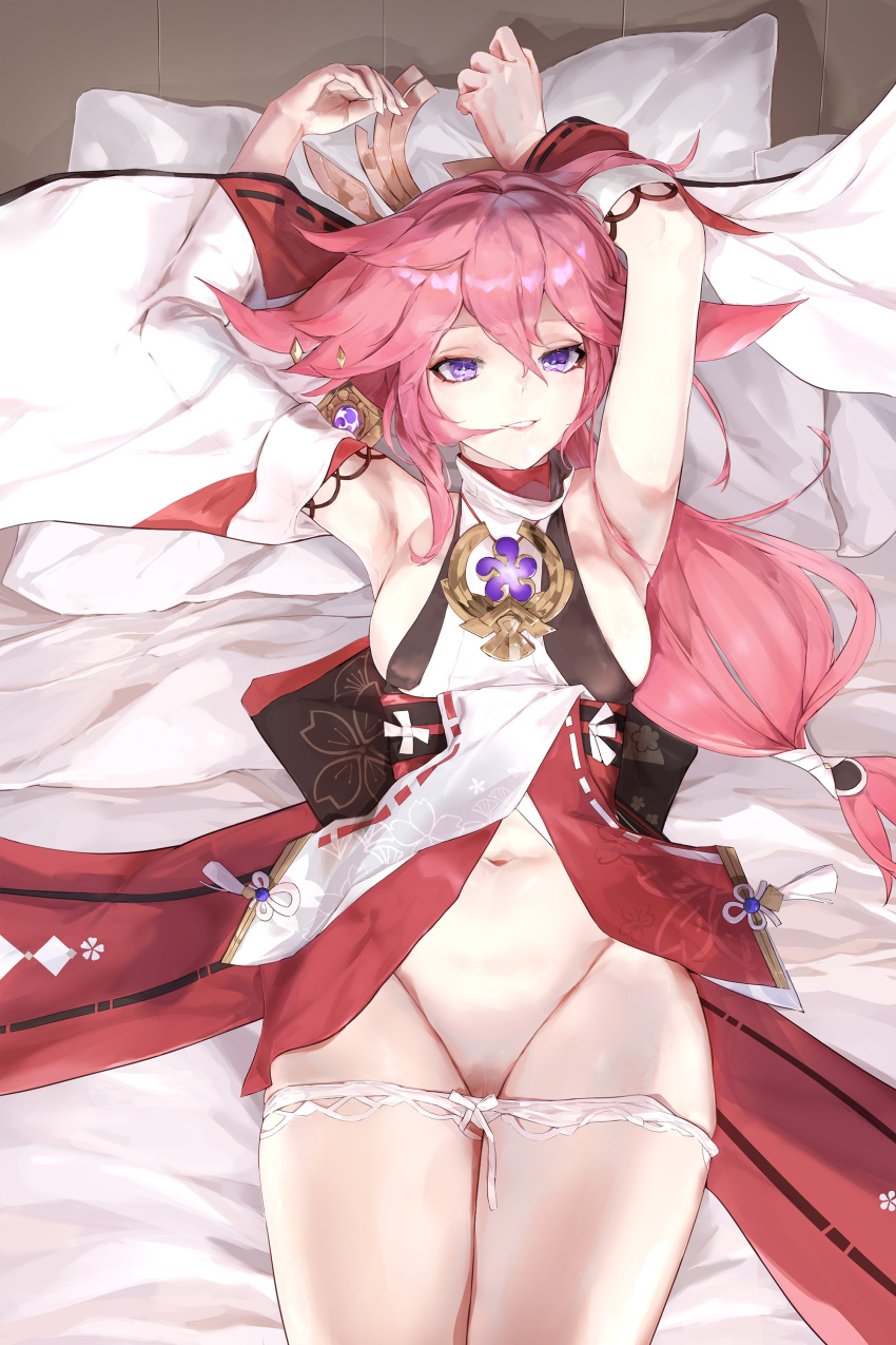 1girl absurdres armpits arms_up bed_sheet breasts detached_sleeves genshin_impact gong_cha hair_ornament half-closed_eyes highres japanese_clothes large_breasts long_sleeves looking_at_viewer lying md5_mismatch miko navel on_back panties panty_pull pillow pink_hair purple_eyes resolution_mismatch sideboob smile solo underwear white_panties wide_sleeves yae_(genshin_impact)