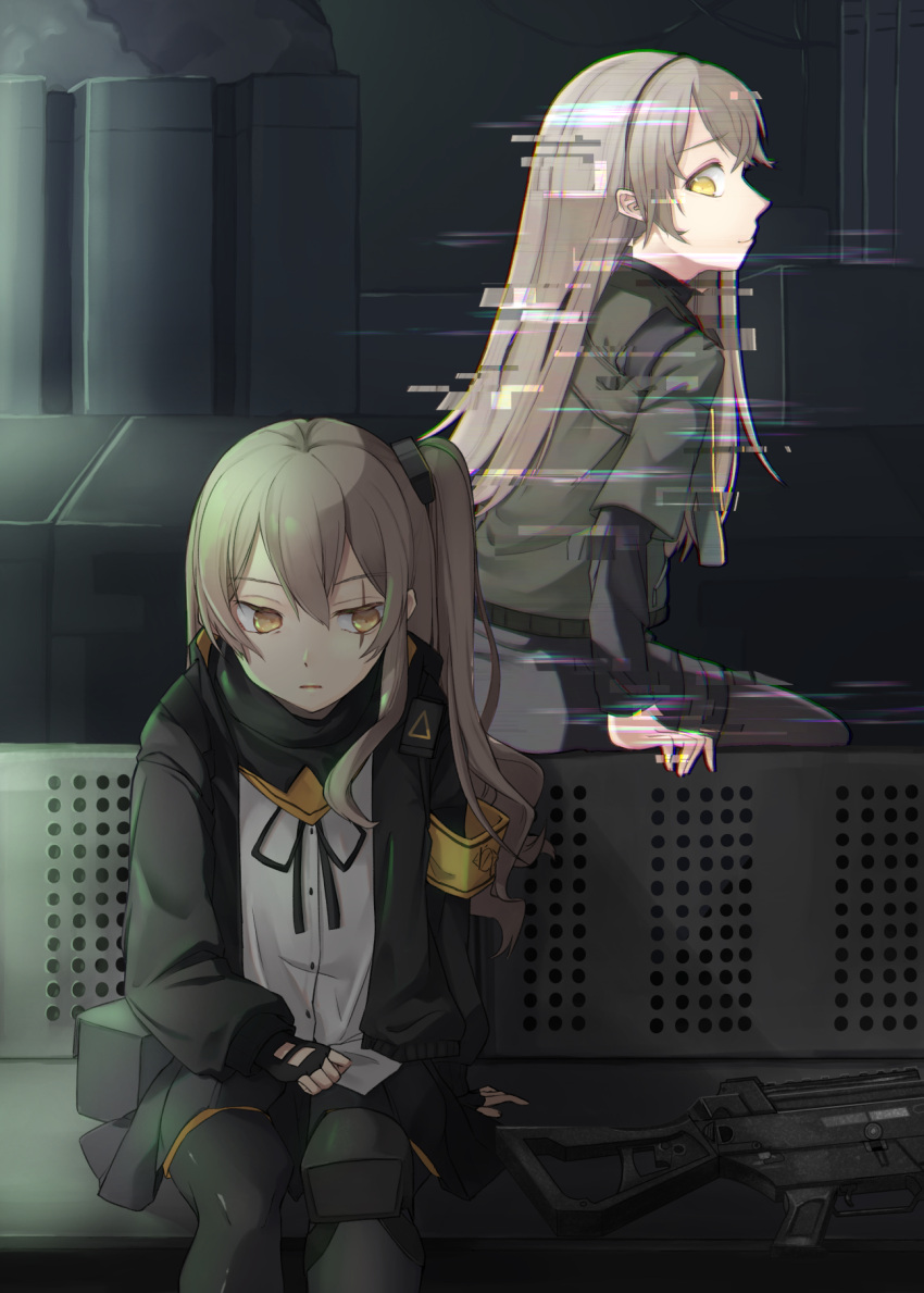 2girls 404 bangs black_gloves black_jacket black_skirt camouflage camouflage_jacket closed_mouth commentary_request eyebrows_visible_through_hair girls'_frontline gloves gun h&amp;k_ump hair_ornament hairband hairclip highres http_status_code jacket light_brown_eyes light_brown_hair long_hair looking_at_another looking_down multiple_girls open_clothes open_jacket partially_fingerless_gloves sakana-ko scar scar_across_eye shirt side_ponytail sitting skirt submachine_gun ump40_(girls'_frontline) ump45_(girls'_frontline) weapon white_shirt yellow_eyes