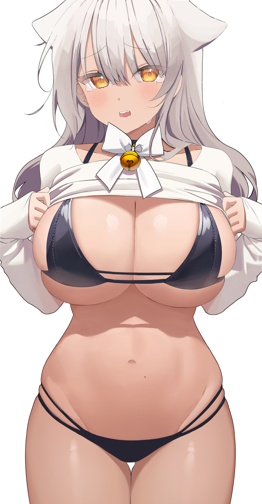1girl absurdres animal_ears bangs bikini black_bikini black_choker blush breasts choker cleavage clothes_lift commentary cowboy_shot english_commentary extra_ears eyebrows_visible_through_hair frown groin hair_between_eyes highres large_breasts lifted_by_self long_hair long_sleeves looking_at_viewer myao_(o3o333) navel no_pants open_mouth original revision shirt shirt_lift simple_background skindentation solo standing stomach string_bikini swimsuit tearing_up tears teeth thigh_gap white_background white_hair white_shirt yellow_eyes