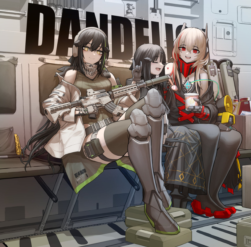 3girls \m/ absurdres anna_(girls'_frontline) assault_rifle black_dress black_hair blonde_hair boots character_name cheogtanbyeong closed_mouth commentary_request cosplay dandelion_(girls'_frontline) dress eyeliner girls'_frontline gloves green_hair gun hair_between_eyes hair_ornament hand_gesture headgear headphones highres holding holding_gun holding_weapon jacket korean_commentary leotard long_hair looking_at_viewer m4_carbine m4_sopmod_ii_(girls'_frontline) m4a1_(girls'_frontline) m4a1_(girls'_frontline)_(cosplay) makeup mod3_(girls'_frontline) multicolored_hair multiple_girls pantyhose red_eyes red_footwear ribbed_leotard rifle scarf sitting smile streaked_hair thighhighs very_long_hair weapon white_jacket yellow_eyes