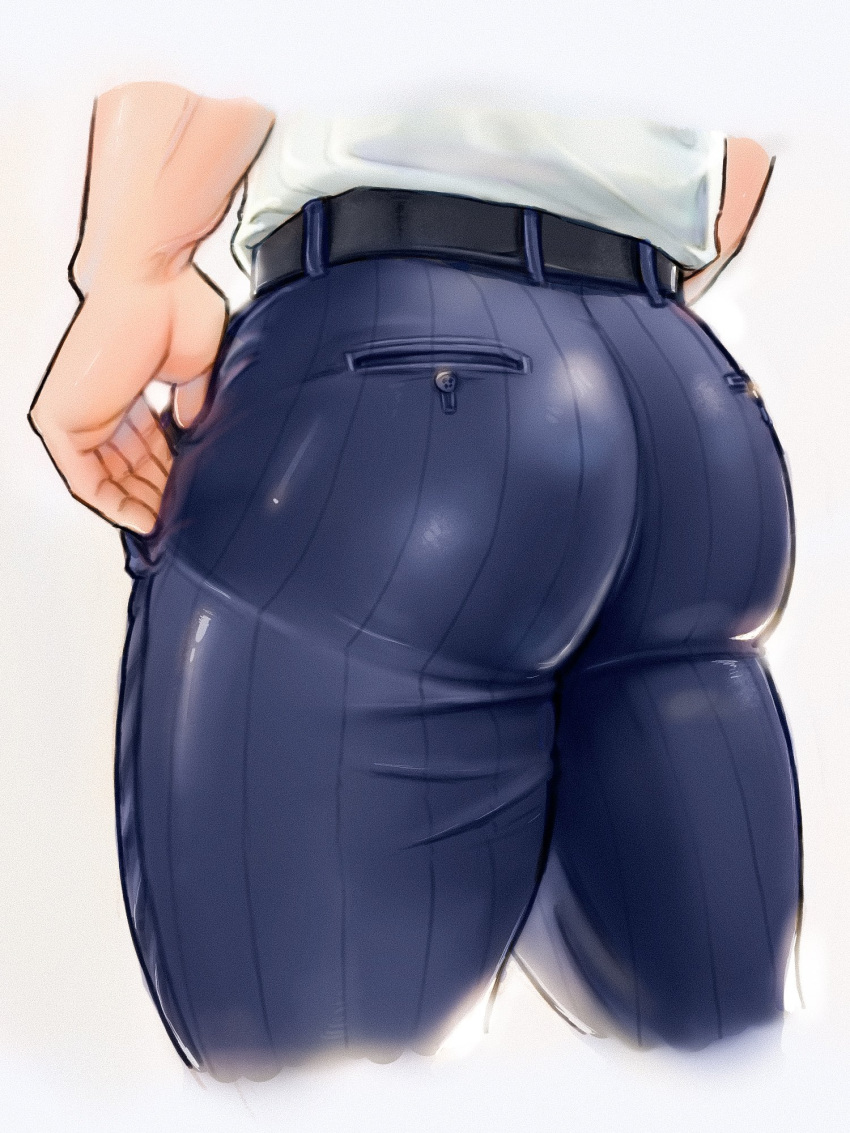 1boy ass ass_focus back_cutout bara belt blue_pants bolloxxxz clothing_cutout from_behind highres male_focus original pants sample shirt solo taut_clothes taut_pants thick_thighs thighs white_background white_shirt