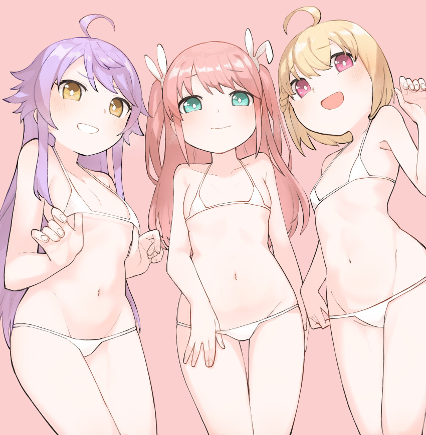 3girls :d absurdres ahoge aqua_eyes arm_at_side bangs bare_arms bare_shoulders bikini bikini_lift bikini_pull blonde_hair blush braid breasts bright_pupils bunny_hair_ornament closed_mouth clothes_lift clothes_pull collarbone cowboy_shot eyebrows_visible_through_hair fingernails flat_chest goe_(g-o-e) grin groin hair_between_eyes hair_ornament halter_top halterneck hand_up hands_up heavy_breathing highres lifted_by_self long_hair micro_bikini multiple_girls navel nonomiya_lalafin open_mouth otonashi_ichie otori_michiru pink_background pink_eyes pink_hair pulled_by_self purple_hair shiny shiny_hair short_hair shoujo_kageki_revue_starlight shoujo_kageki_revue_starlight_-re_live- sidelocks simple_background single_braid small_breasts smile standing stomach string_bikini swept_bangs swimsuit two_side_up very_long_hair white_bikini white_pupils yellow_eyes